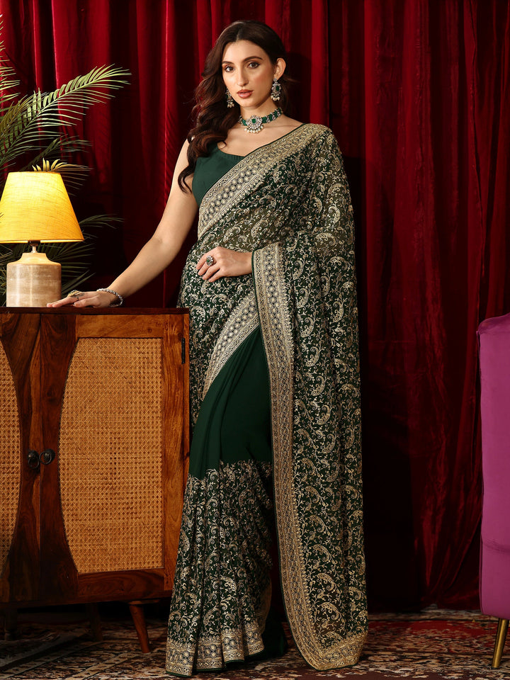 Libas Golden Embroidered Forest Green Georgette Saree