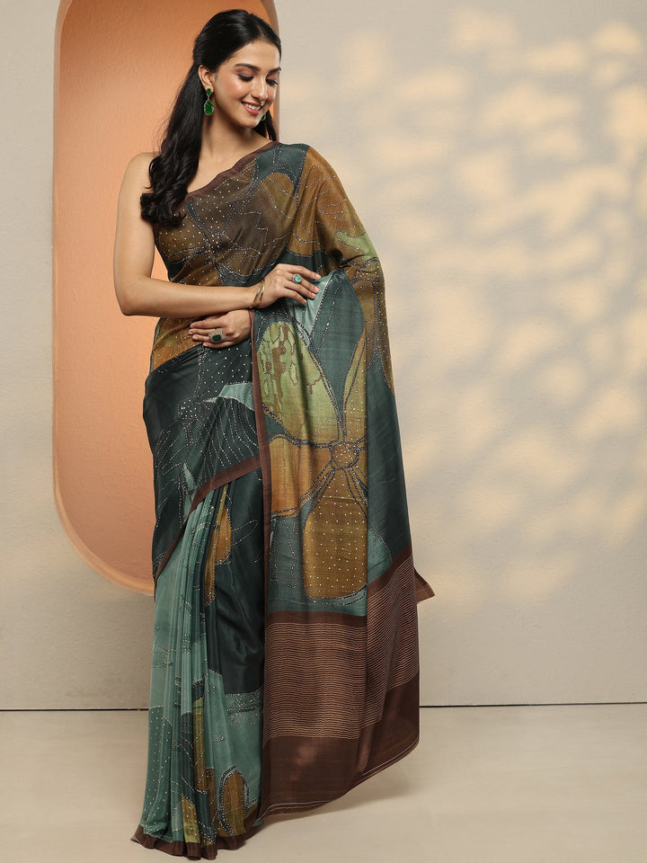 Green Abstract Printed Silk Blend Saree With Unstitched Blouse Piece