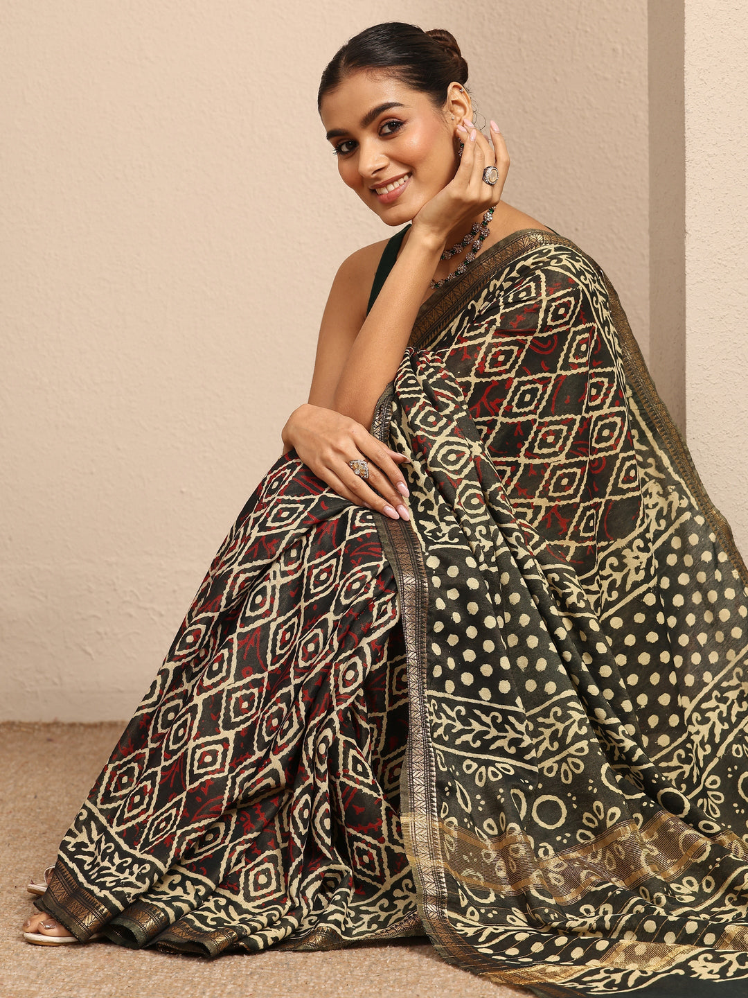 Green Ajrakh Printed Cotton Saree With Unstitched Blouse Piece