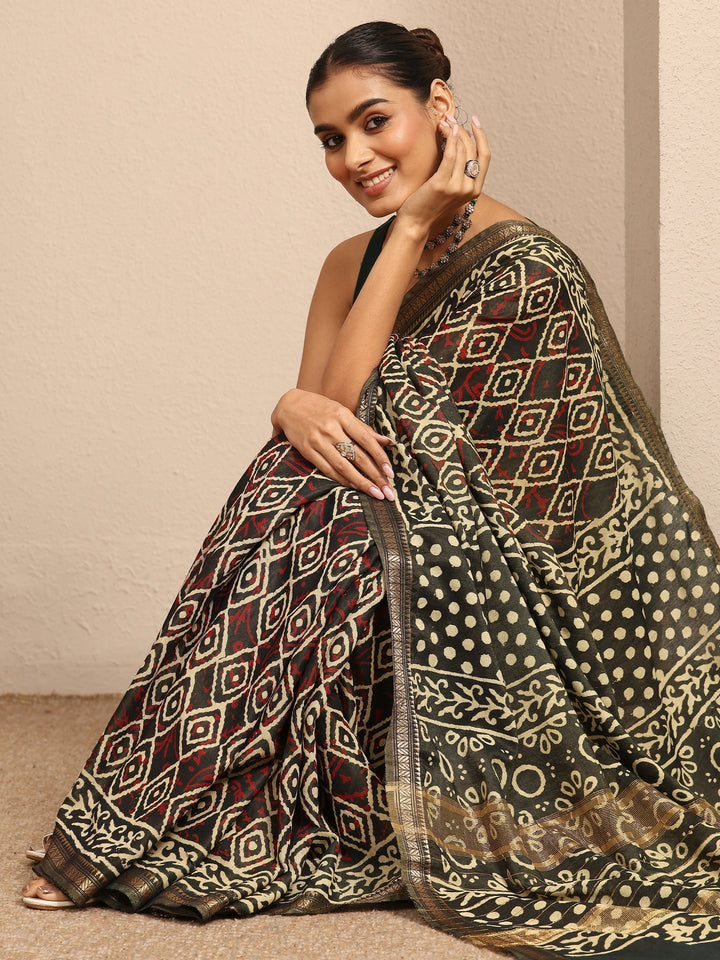 Green Ajrakh Printed Cotton Saree With Unstitched Blouse Piece