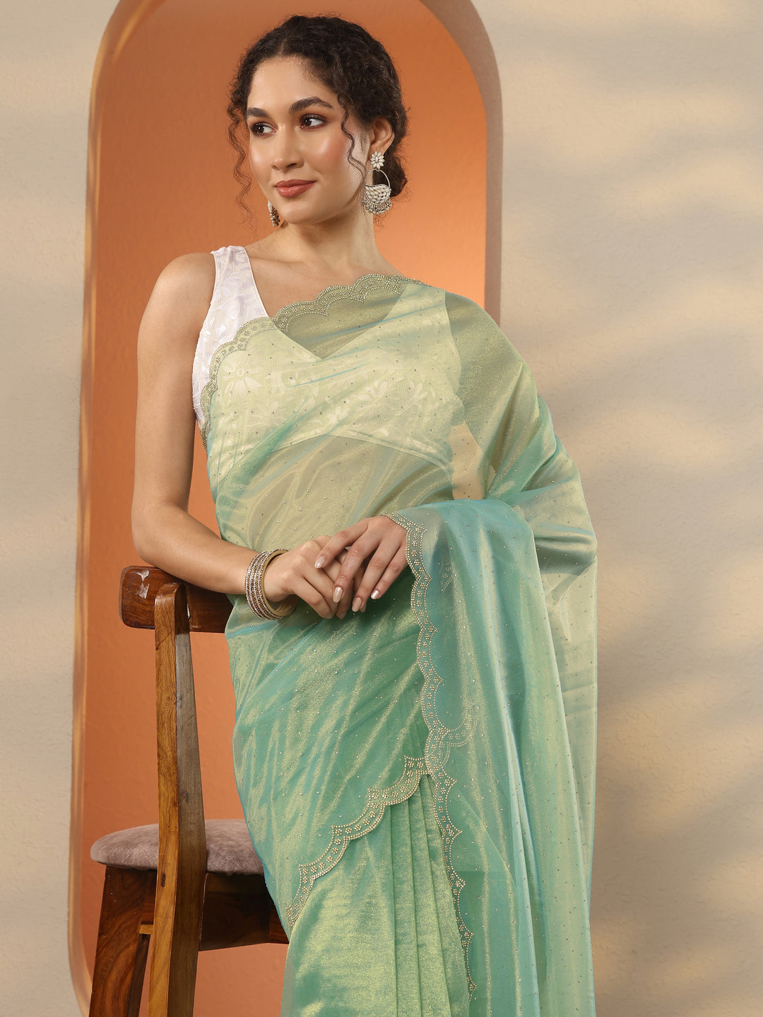 Green Embellished Nylon Saree With Unstitched Blouse Piece