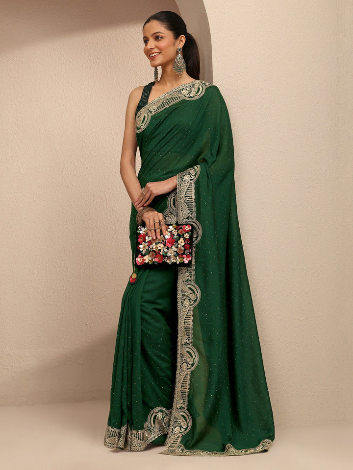 Green Embellished Silk Blend Saree With Unstitched Blouse Piece