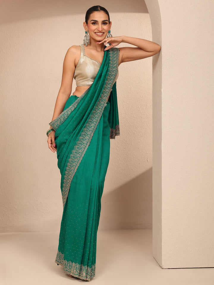 Green Embellished Silk Blend Saree With Unstitched Blouse Piece