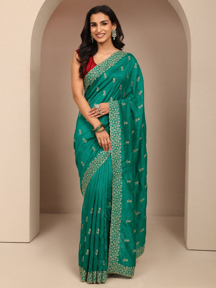 Green Embellished Silk Blend Saree With Unstitched Blouse Piece