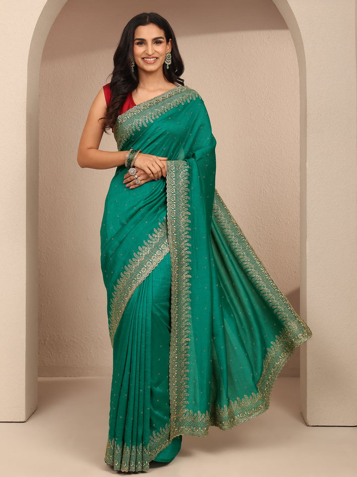 Green Embellished Silk Blend Saree With Unstitched Blouse Piece