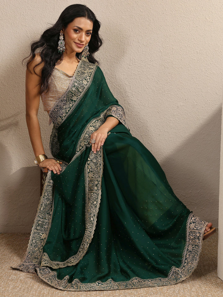 Green Embellished Silk Blend Saree With Unstitched Blouse Piece