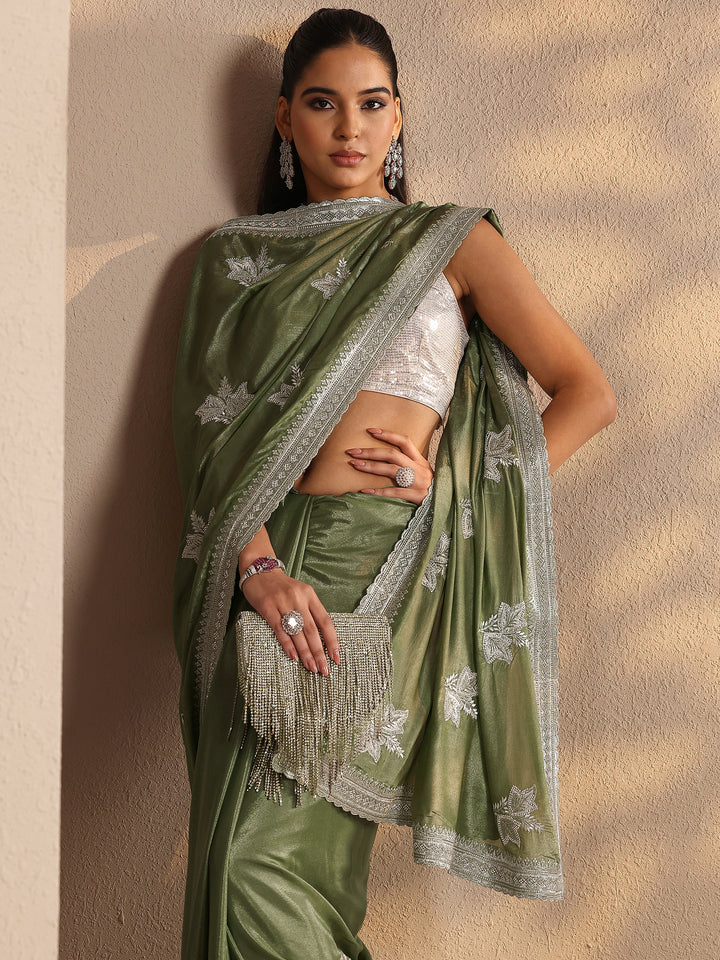 Green Embellished Silk Blend Saree With Unstitched Blouse Piece