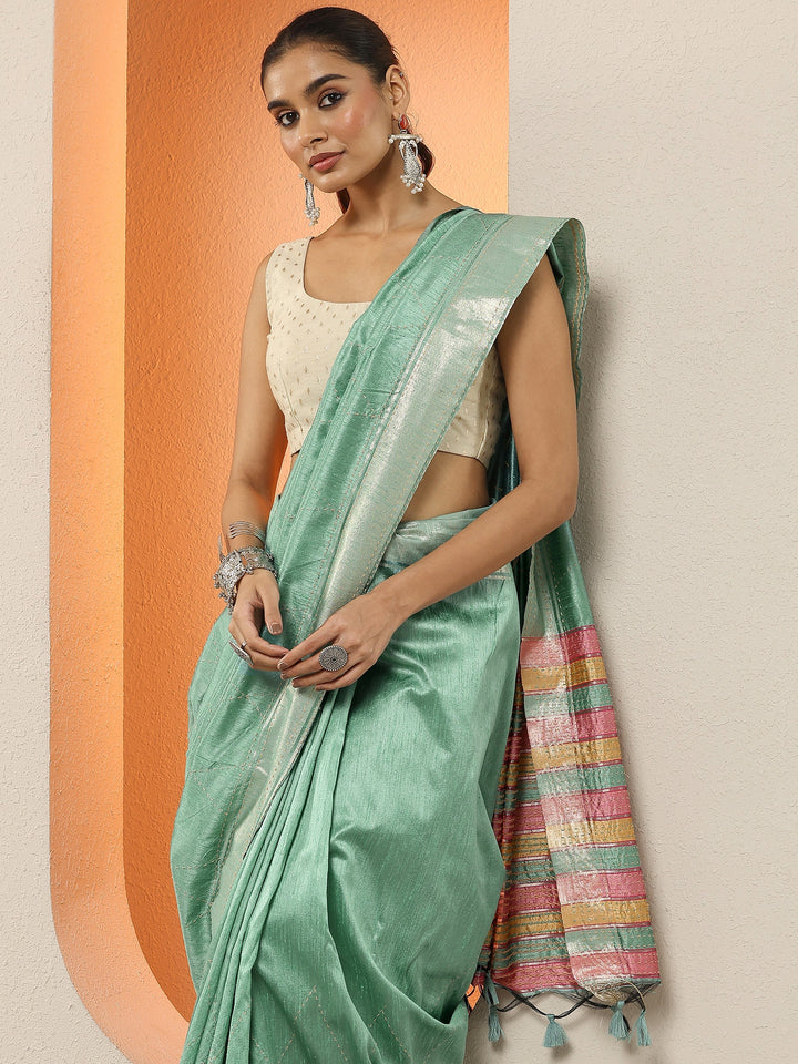 Green Embellished Silk Blend Sarees With Unstitched Blouse Piece