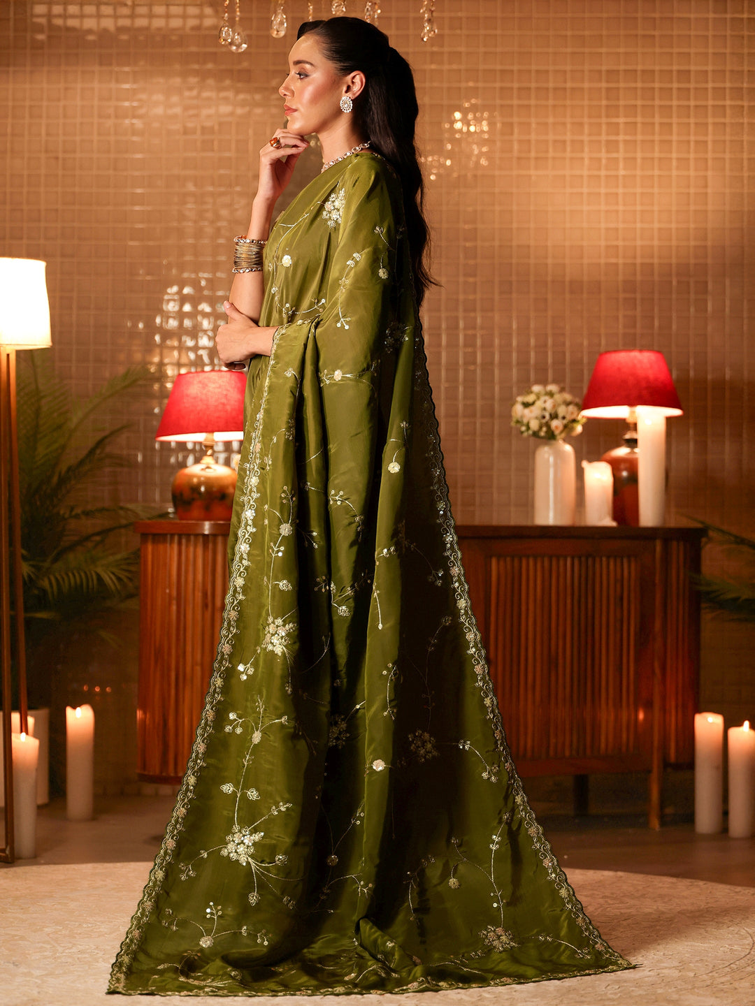 Green Embellished Silk Blend Saree