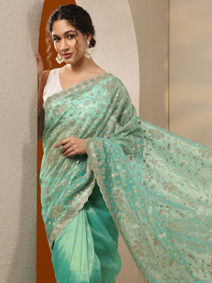 Green Embroidered Nylon Saree With Unstitched Blouse Piece
