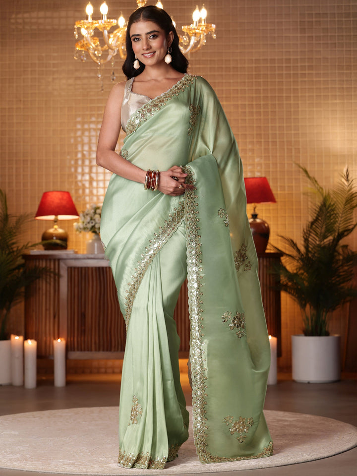 Libas Art Green Floral Embellished Tissue Saree