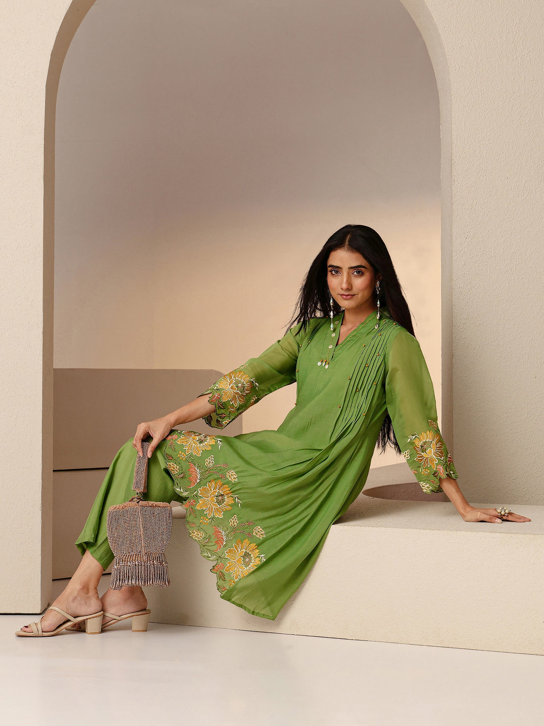 Libas Green Floral Embroidered Chanderi Cotton Co-ord Set