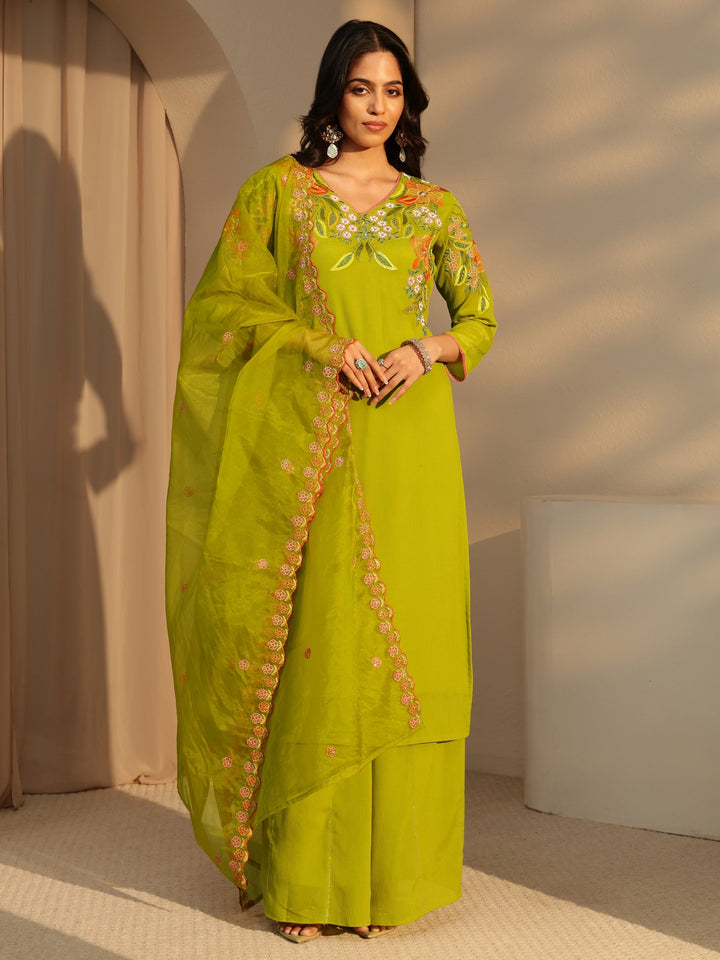 Libas Green Floral Embroidered Chinon Palazzo Suit Set