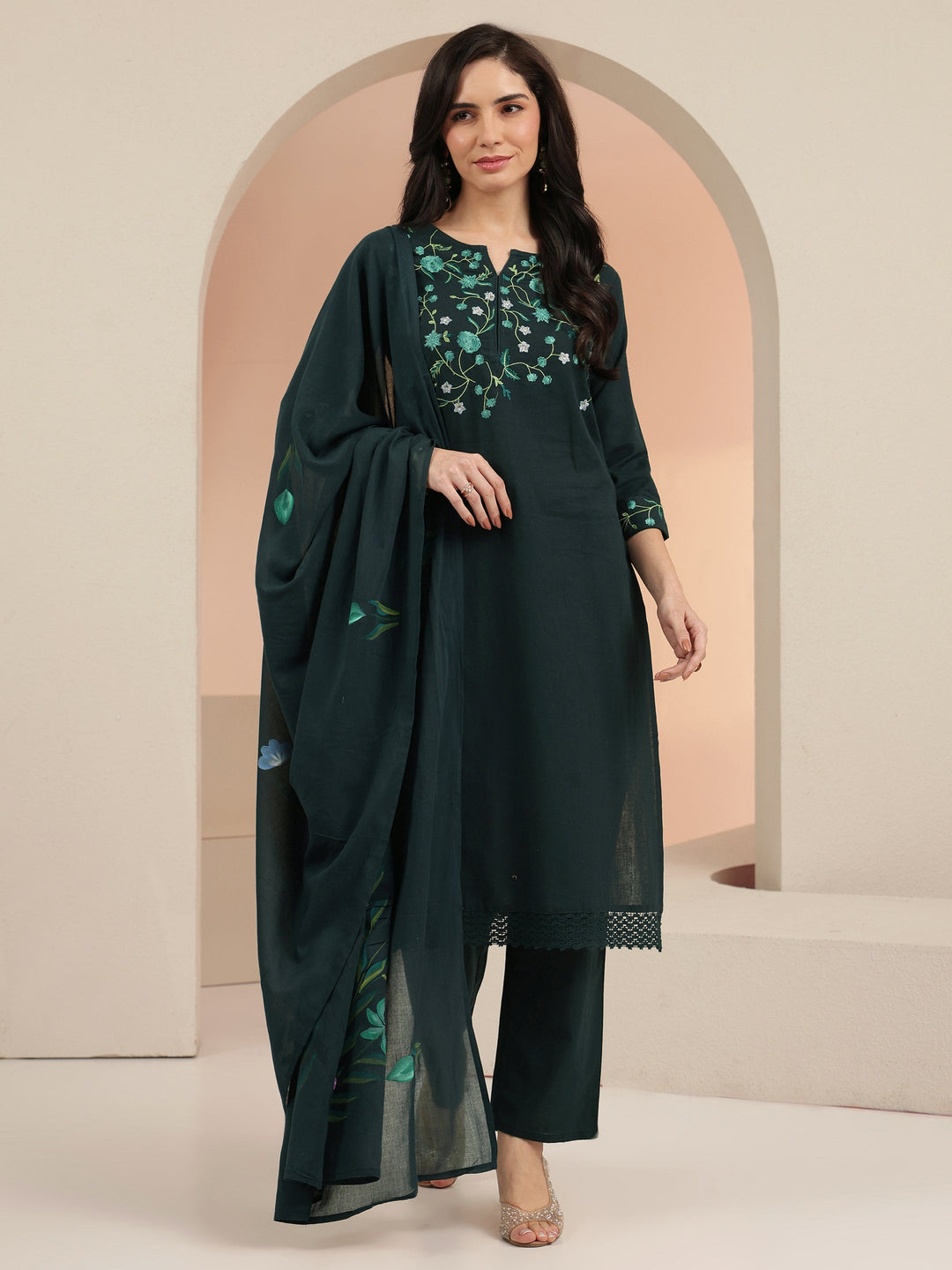 Libas Green Floral Embroidered Cotton Straight Suit Set