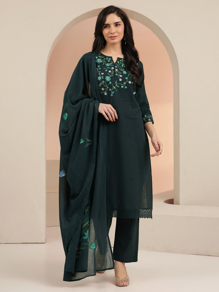 Libas Green Floral Embroidered Cotton Straight Suit Set