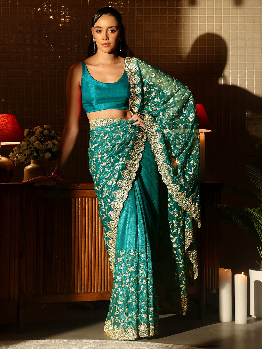 Green Floral Embroidered Net Saree