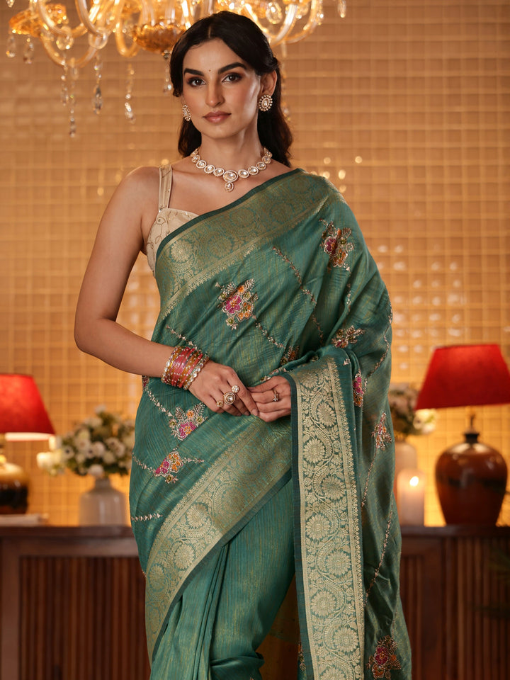 Libas Green Floral Embroidered Silk Blend Saree