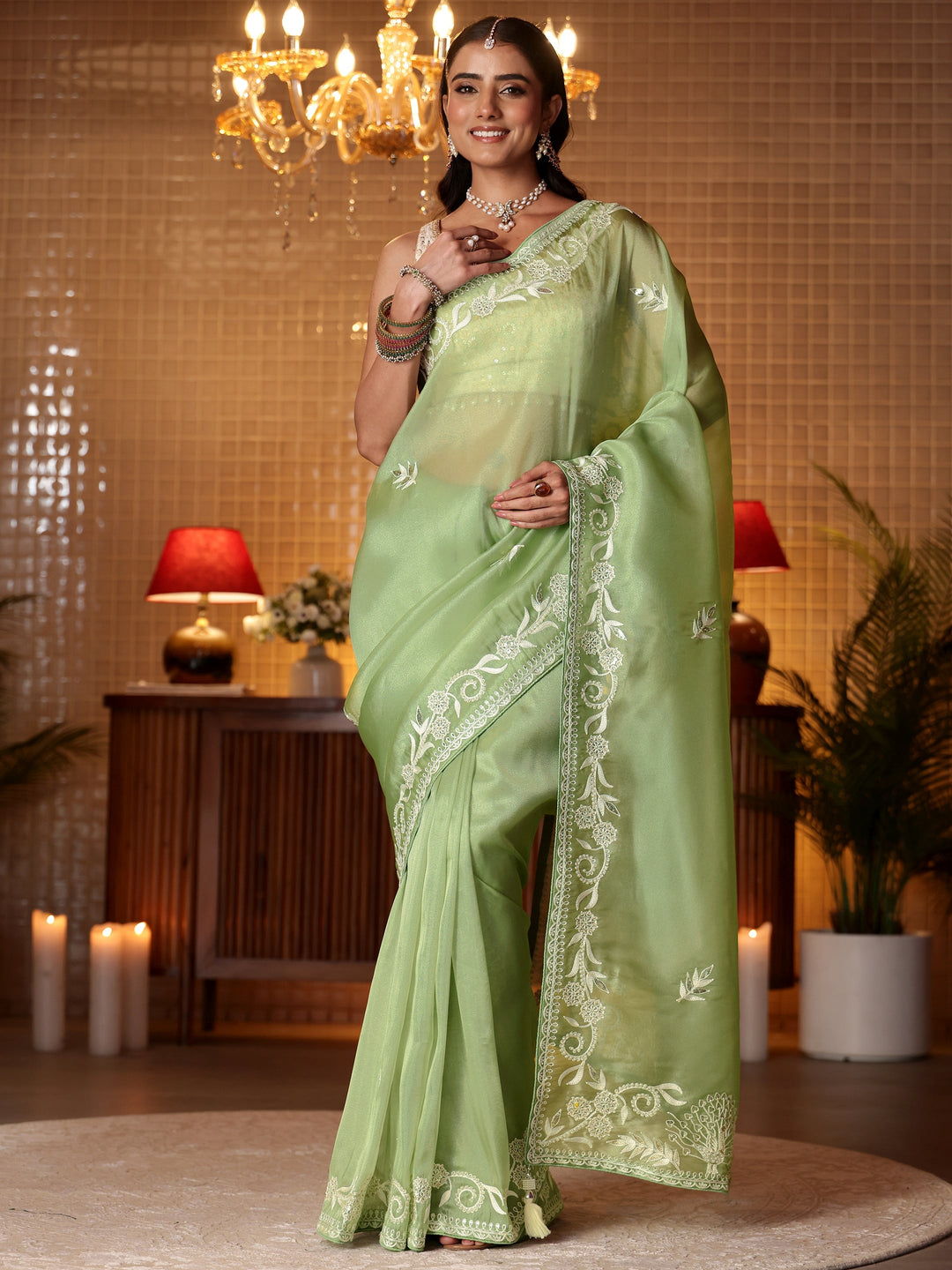 Green Floral Embroidered Tissue Saree