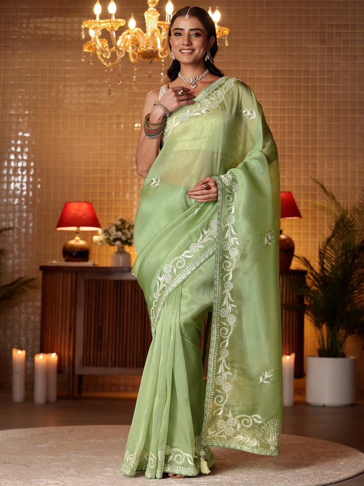 Libas Green Floral Embroidered Tissue Saree