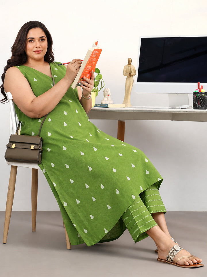 Green Floral Woven Design Cotton Blend A-Line Kurta Set