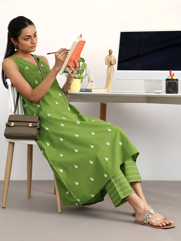Libas Green Floral Woven Design Cotton Blend A-Line Kurta Set