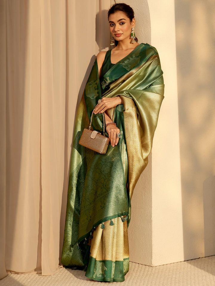 Libas Green Gaja Motif Woven Design Cotton Blend Saree