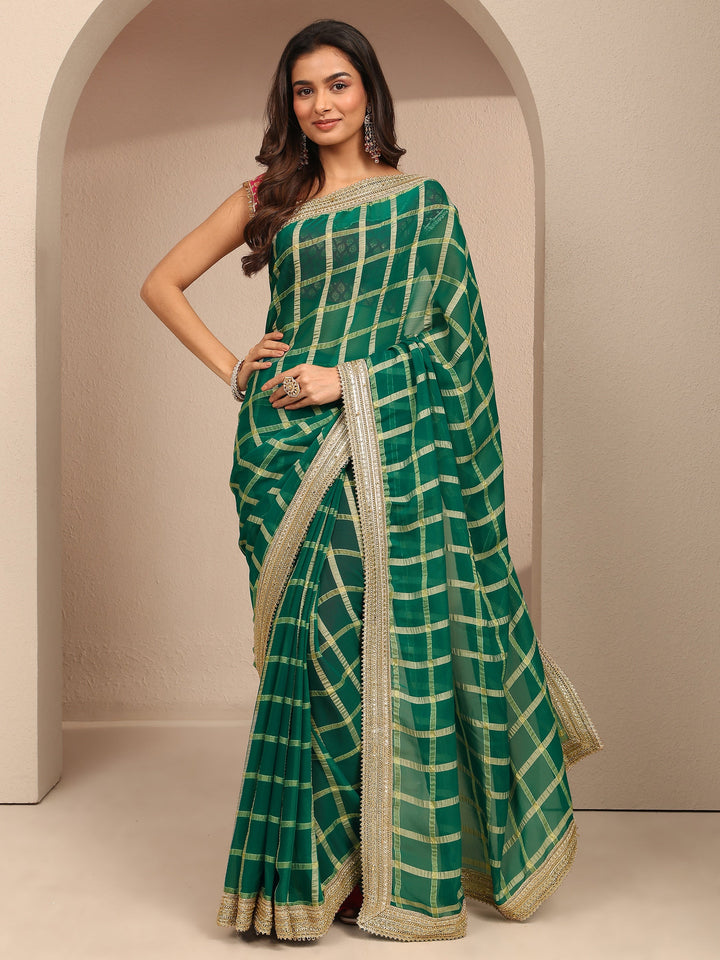 Green Geometric Woven Design Silk Blend Saree With Unstitched Blouse Piece