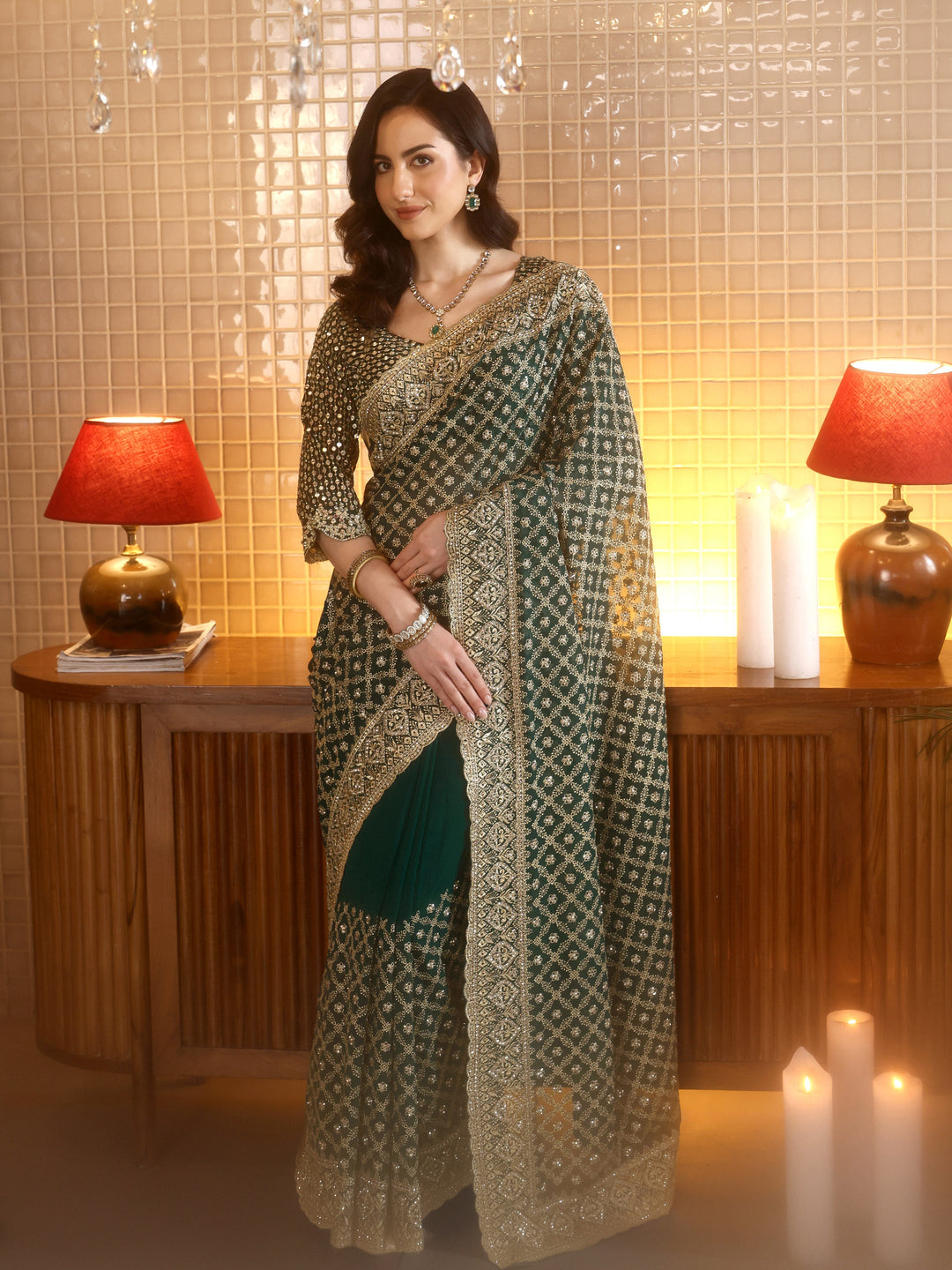 Libas Green Georgette Saree with Embroidered Border