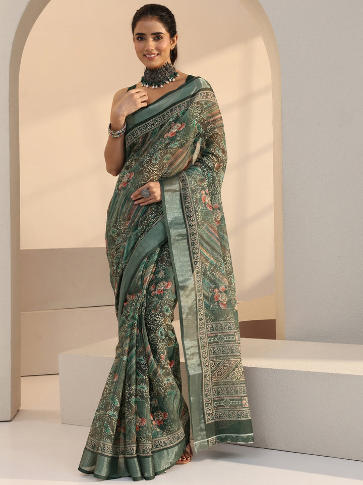 Libas Green Paisley Printed cotton blend Saree