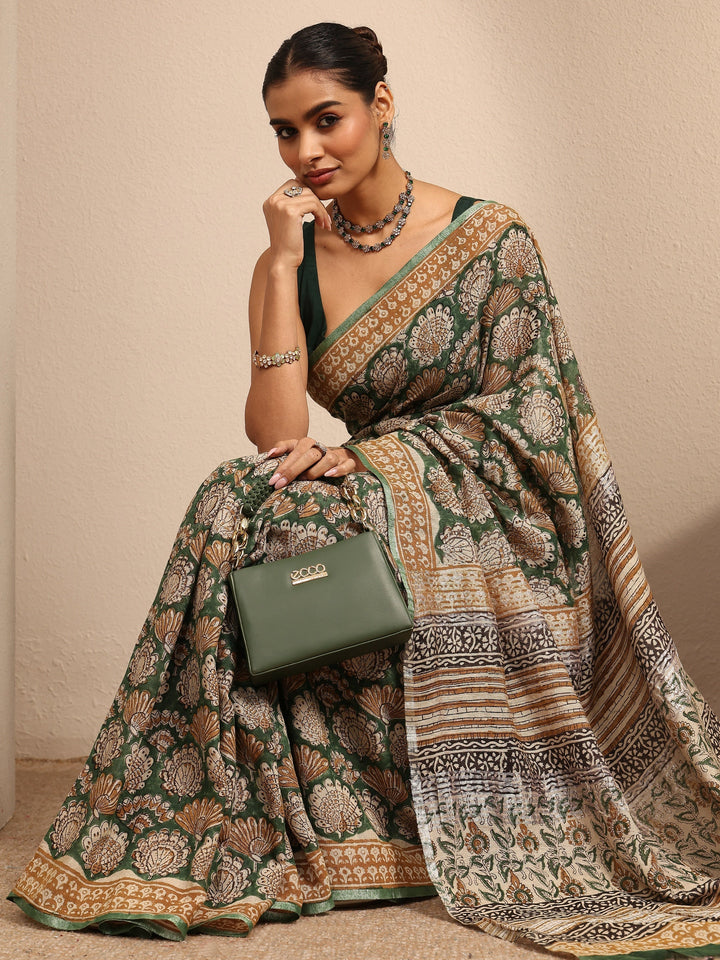 Green Printed Cotton Kalamkari Saree With Unstitched Blouse Piece