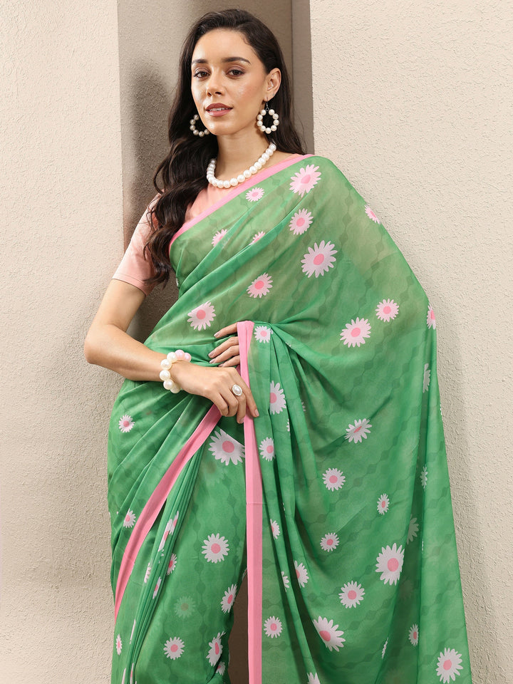 Green Printed Georgette Saree With Unstitched Blouse Piece