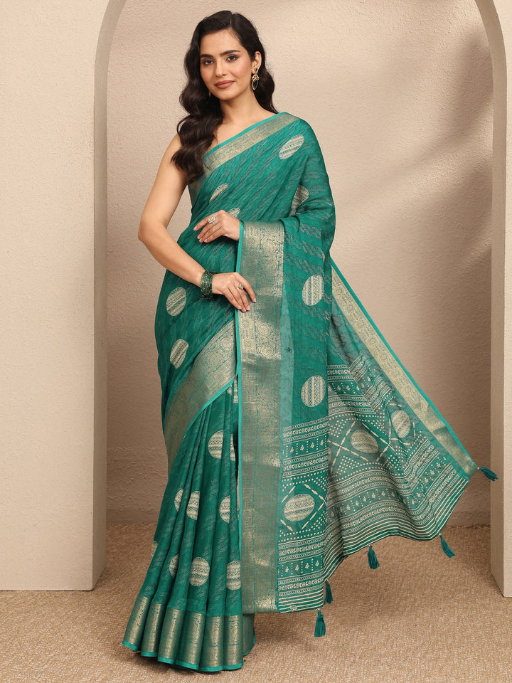 Green Printed Georgette Saree With Unstitched Blouse Piece
