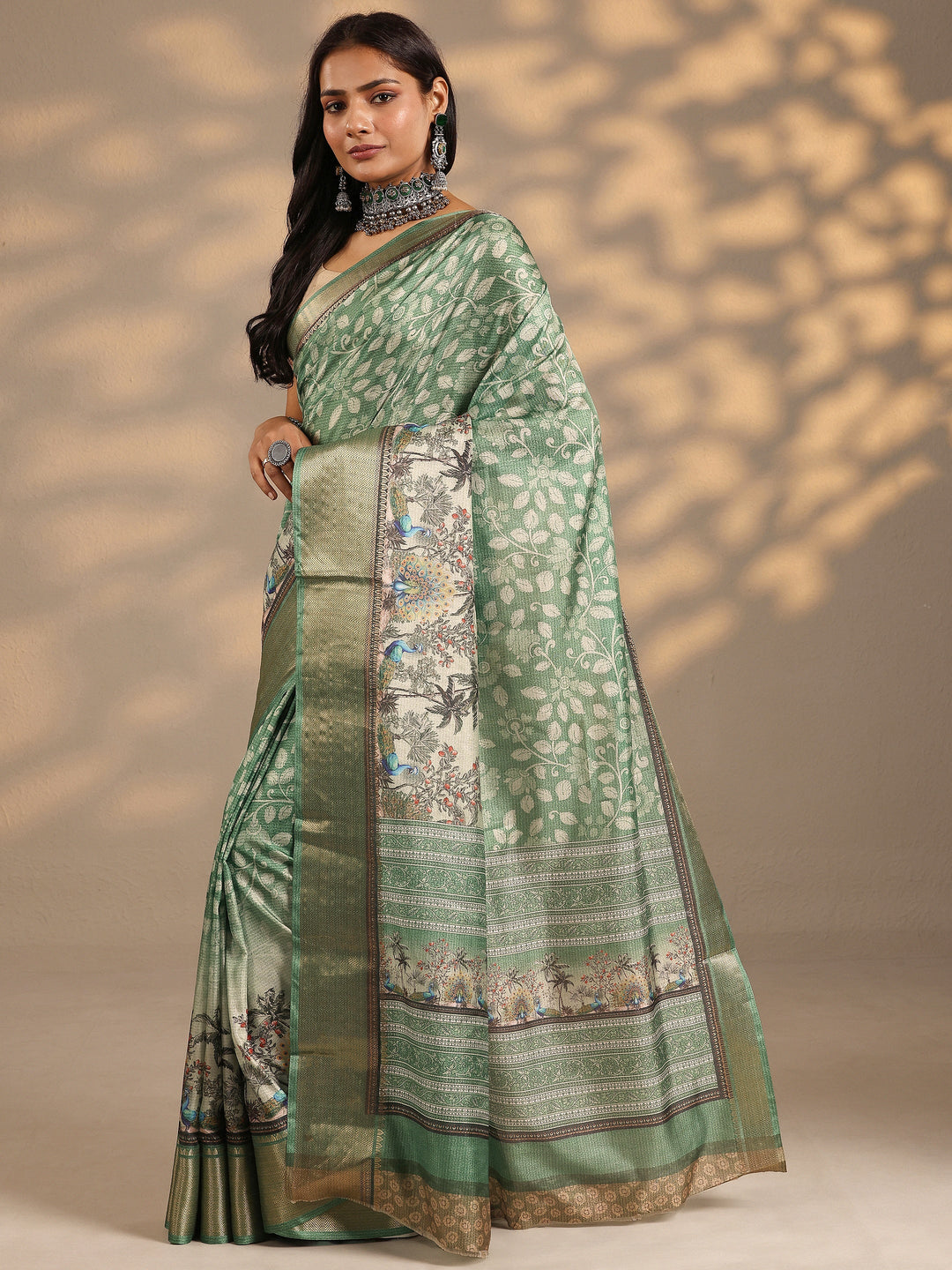 Green Printed Silk Blend Saree With Unstitched Blouse Piece