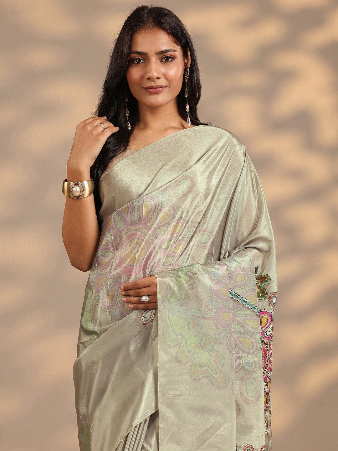 Green Printed Silk Blend Saree With Unstitched Blouse Piece