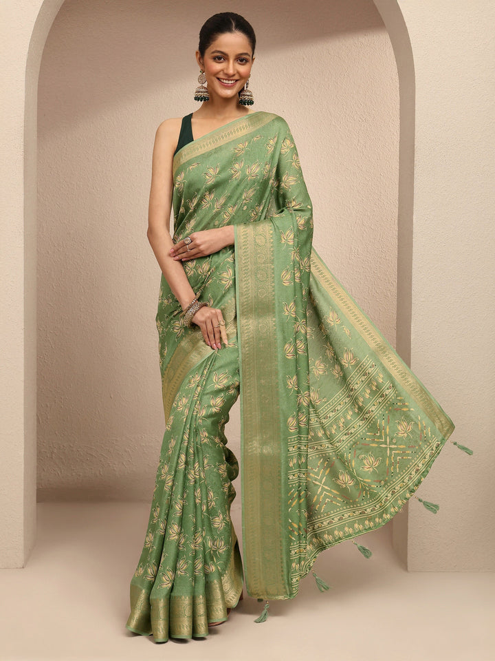 Green Printed Silk Blend Saree With Unstitched Blouse Piece