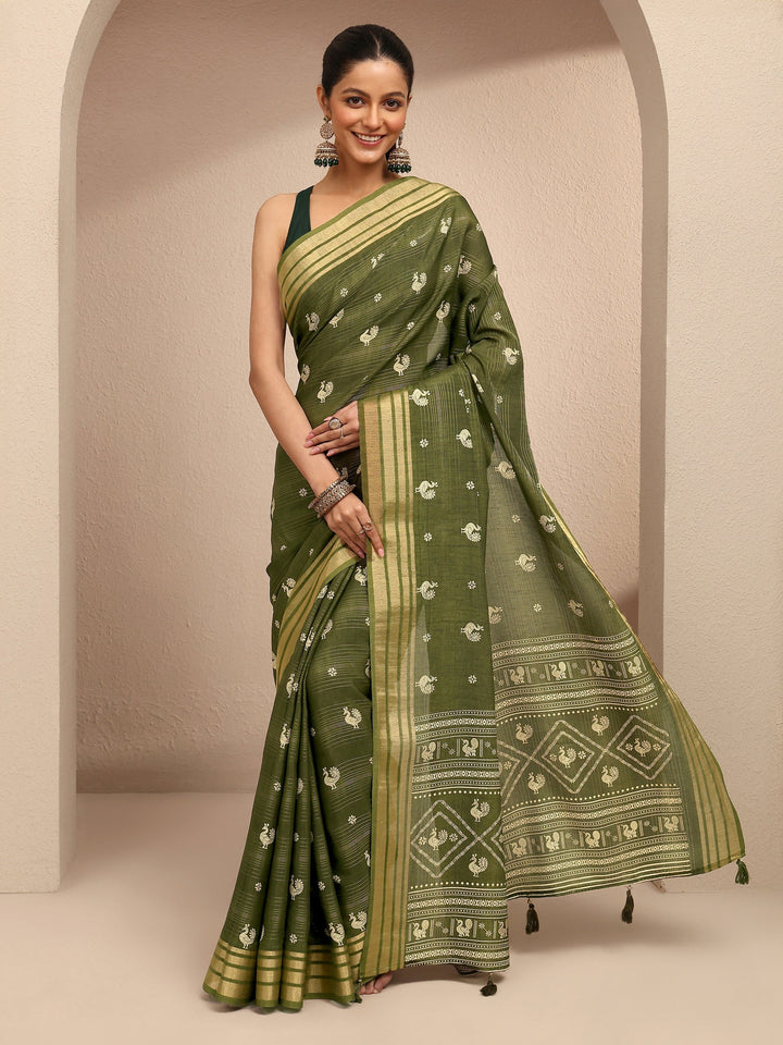 Green Printed Silk Blend Saree With Unstitched Blouse Piece