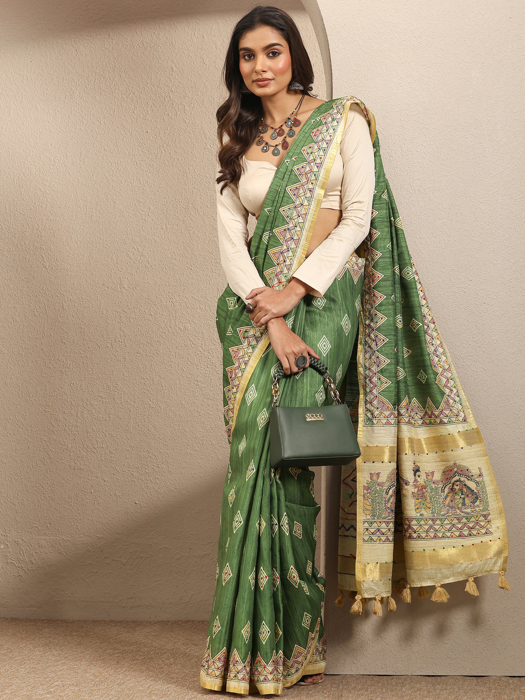 Green Printed Silk Blend Saree With Unstitched Blouse Piece