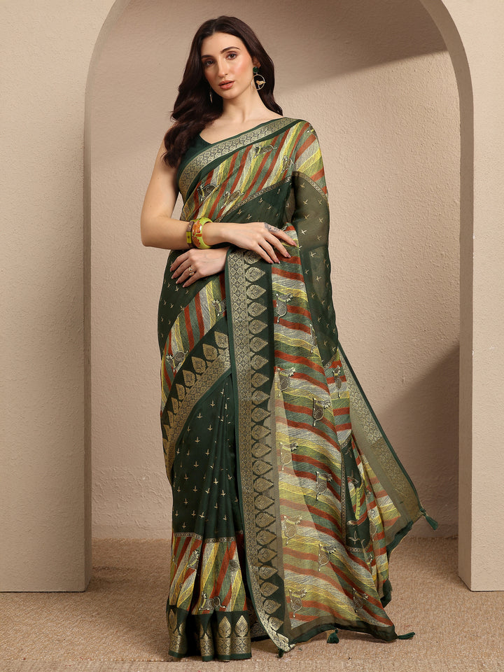 Green Printed Silk Blend Saree With Unstitched Blouse Piece