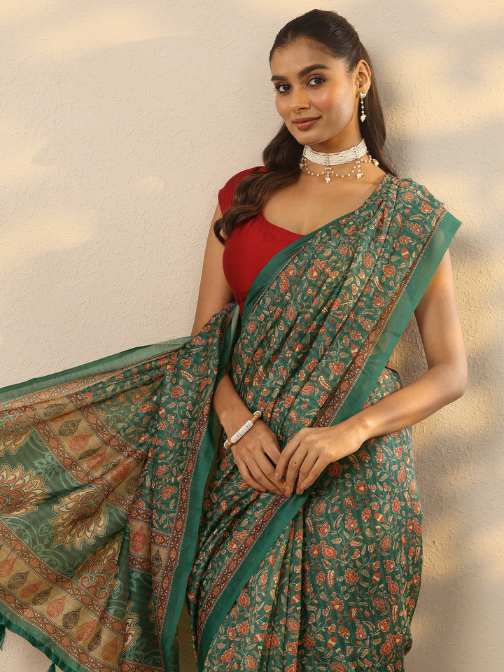 Green Printed Silk Blend Saree With Unstitched Blouse Piece