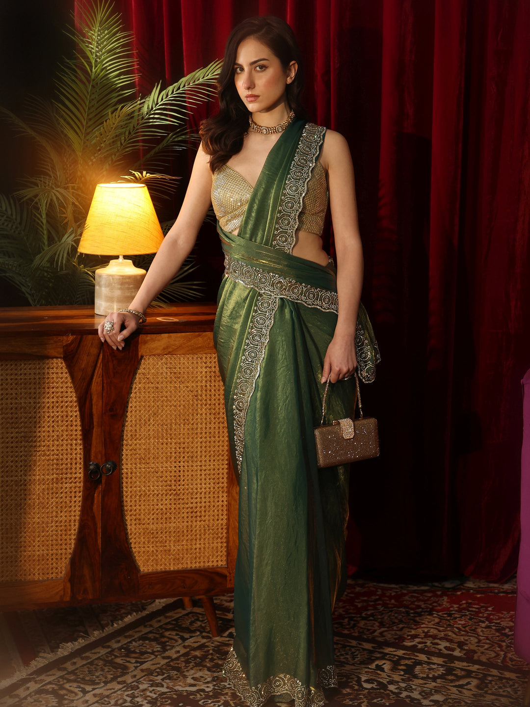 Libas Green Tissue Saree with Embellished Border
