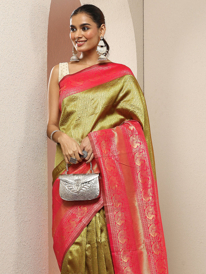 Green Woven Design Silk Blend Sarees With Unstitched Blouse Piece