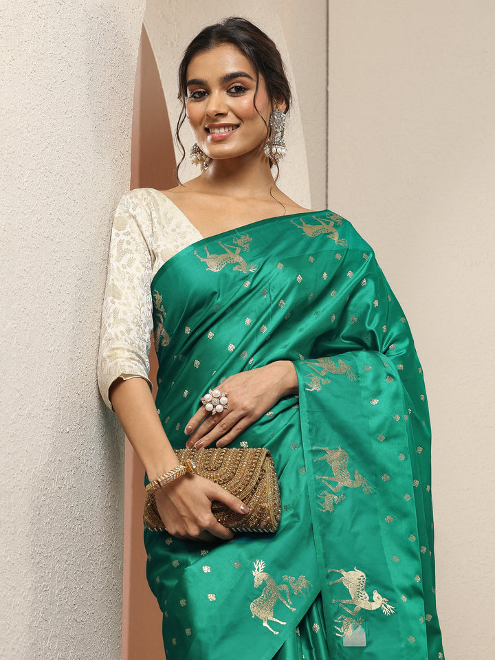 Green Woven Design Silk Blend Sarees With Unstitched Blouse Piece