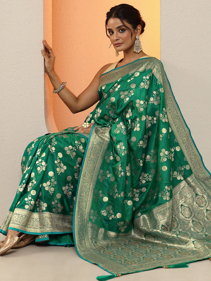 Green Woven Design Silk Blend Sarees With Unstitched Blouse Piece