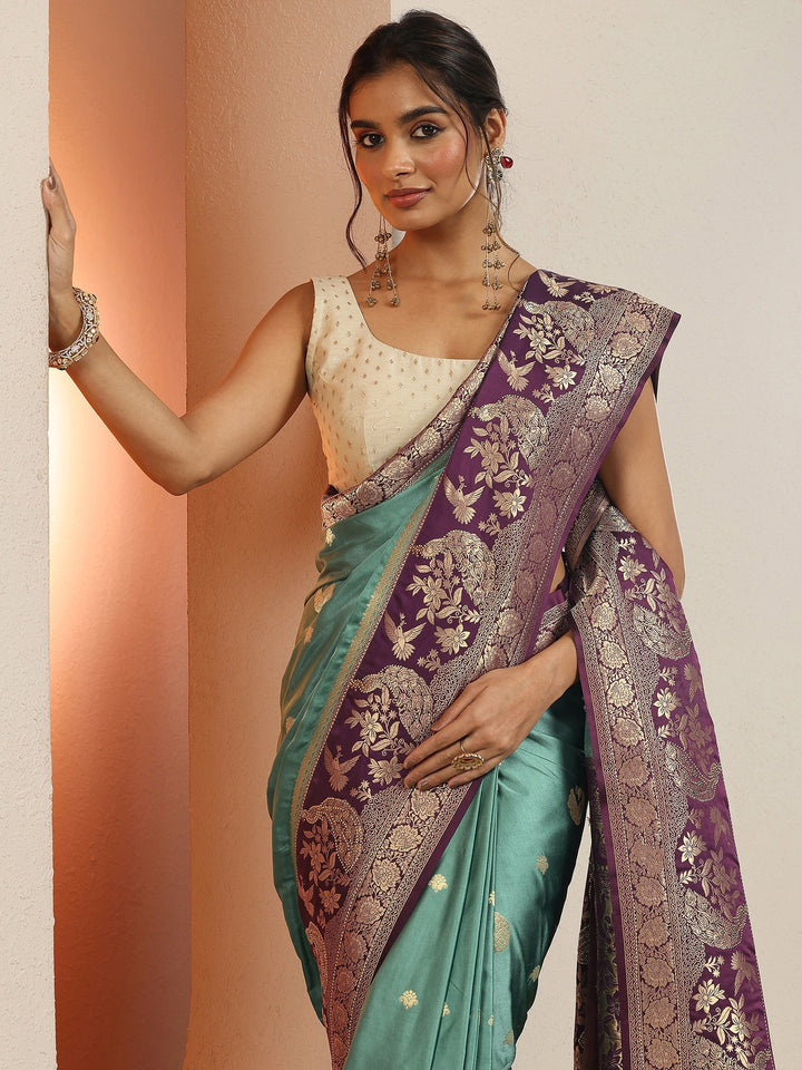 Green Woven Design Silk Blend Sarees With Unstitched Blouse Piece