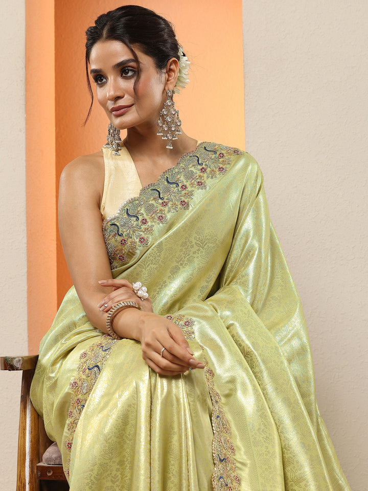 Green Woven Design Silk Blend Sarees With Unstitched Blouse Piece