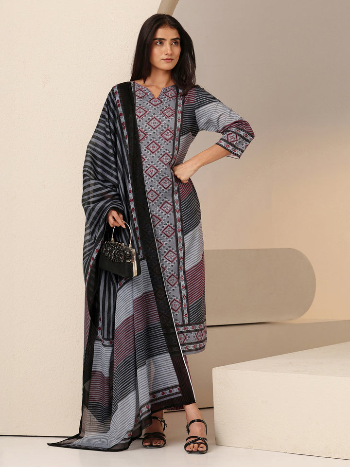 Libas Grey Ajrakh Print Straight Cotton Suit Set