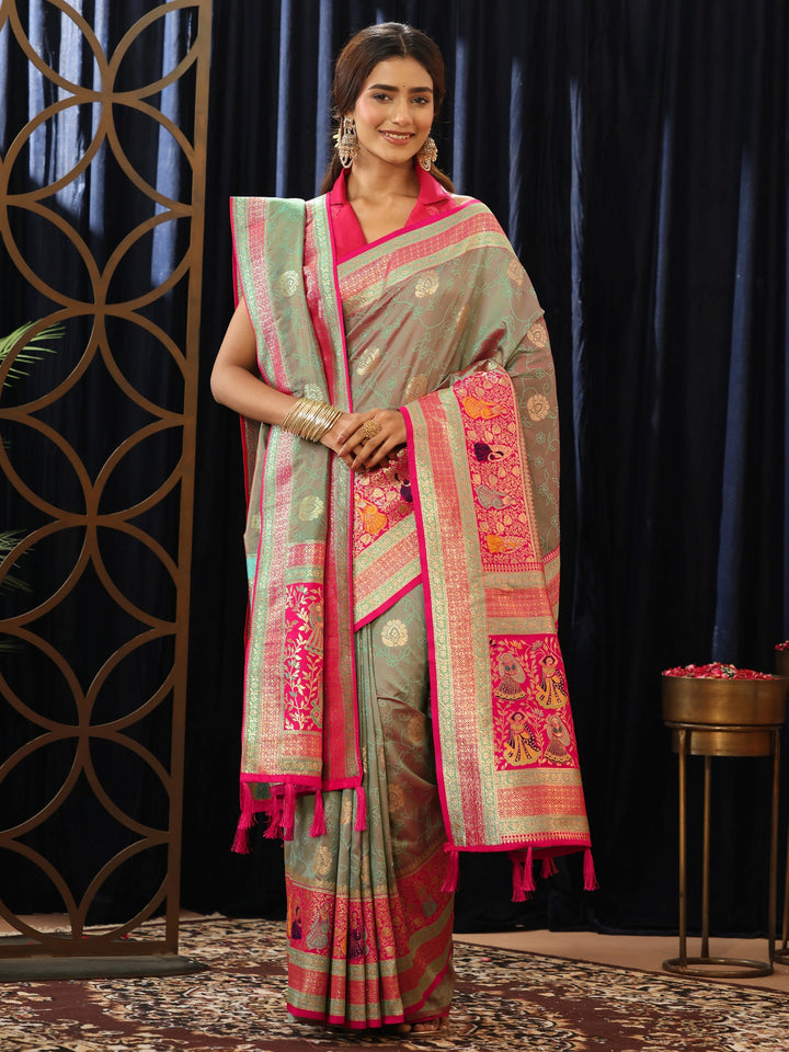 Libas Grey Baluchari Silk Blend Saree with Dupatta