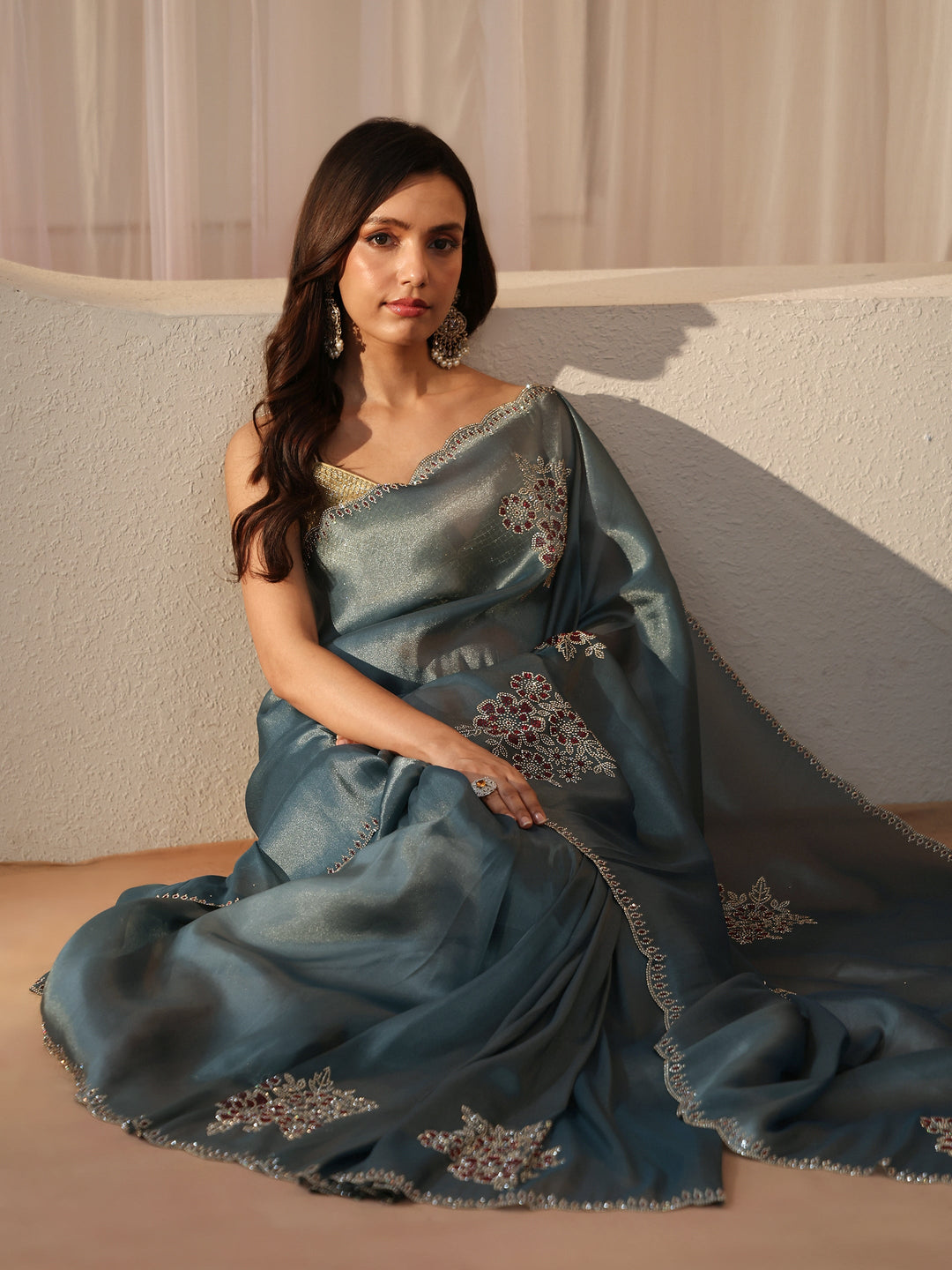 Libas Grey Blue Floral Embellished Tissue Saree