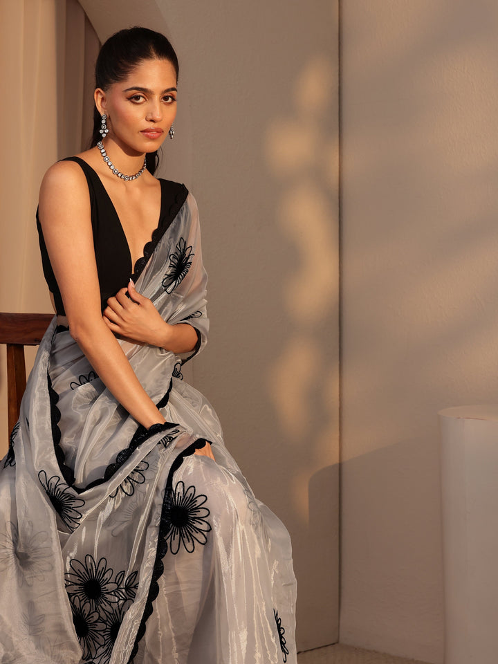 Libas Grey Floral Embroidered Tissue Saree