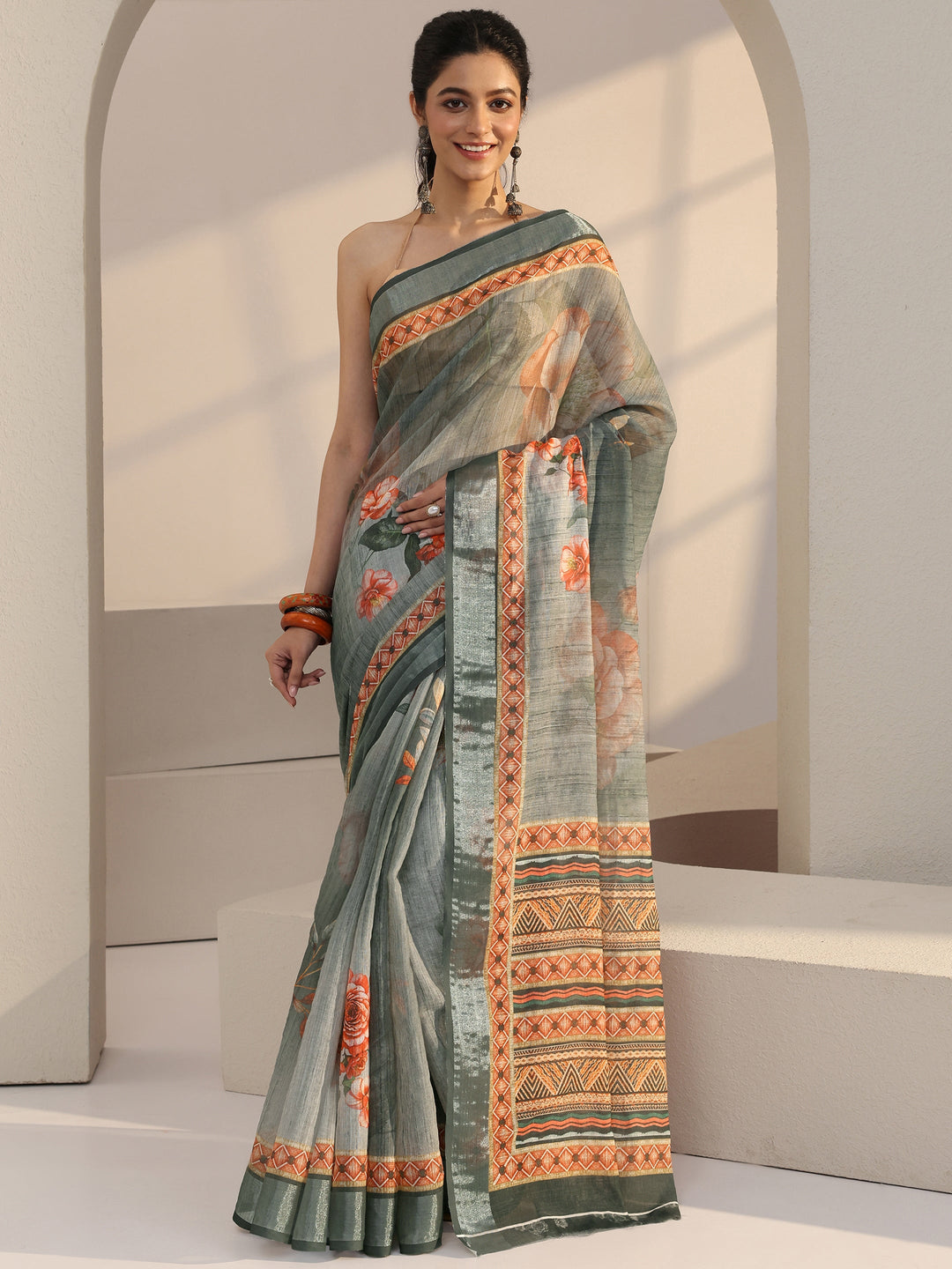 Grey Floral Print Cotton Blend Saree